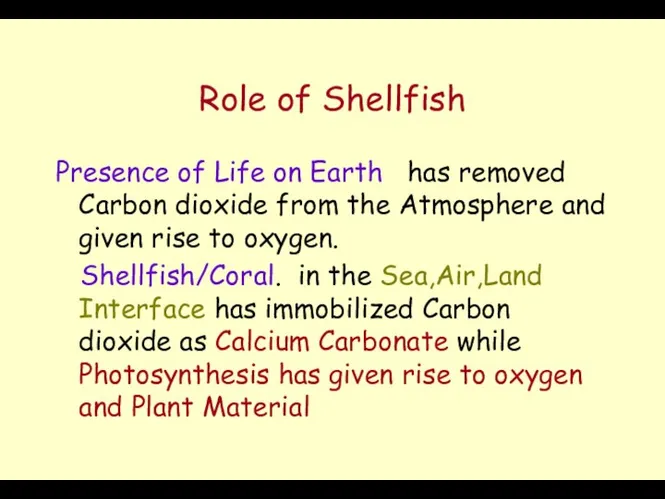 Role of Shellfish Presence of Life on Earth has removed Carbon