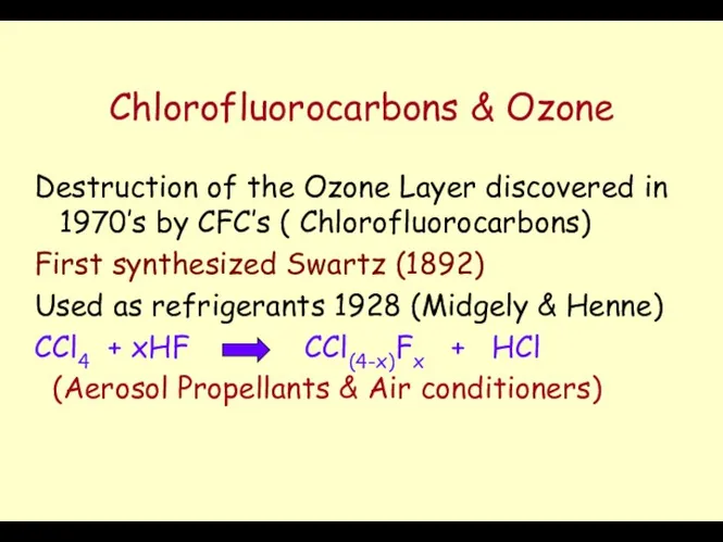 Chlorofluorocarbons & Ozone Destruction of the Ozone Layer discovered in 1970’s