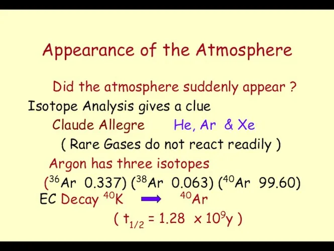 Appearance of the Atmosphere Did the atmosphere suddenly appear ? Isotope