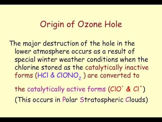 Origin of Ozone Hole The major destruction of the hole in