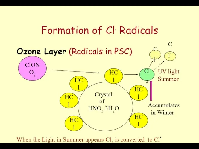 Formation of Cl. Radicals Ozone Layer (Radicals in PSC) Crystal HNO3.3H2O