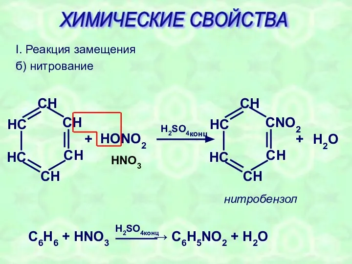 I. Реакция замещения б) нитрование + HONO2 H2SO4конц + H2O HNO3 нитробензол ХИМИЧЕСКИЕ СВОЙСТВА