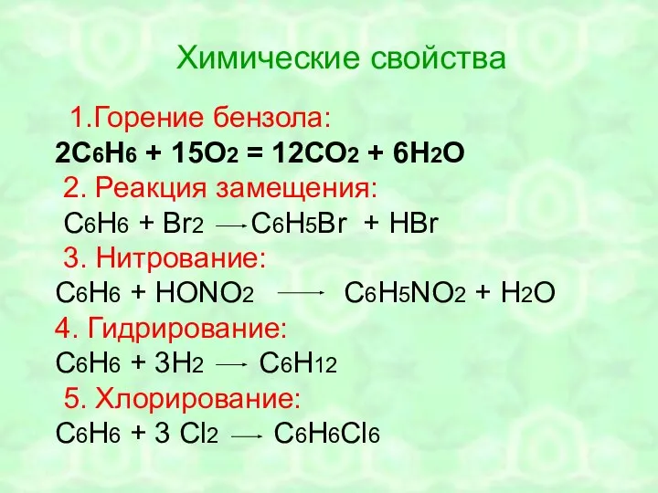 Химические свойства 1.Горение бензола: 2С6Н6 + 15О2 = 12СО2 + 6Н2О