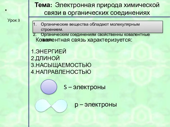 * Урок 3 Тема: Электронная природа химической связи в органических соединениях