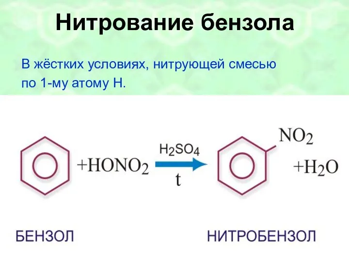 Нитрование бензола В жёстких условиях, нитрующей смесью по 1-му атому H.