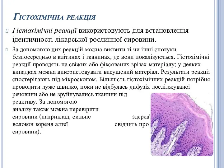 Гістохімічна реакція Гістохімічні реакції використовують для встановлення ідентичності лікарської рослинної сировини.