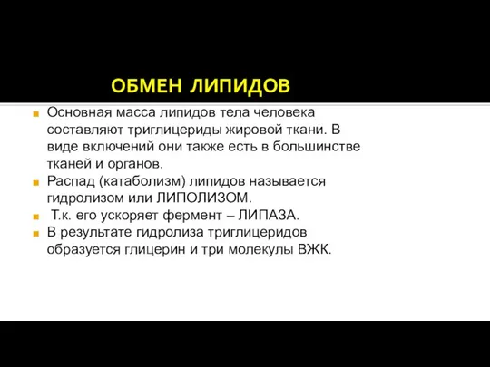 ОБМЕН ЛИПИДОВ Основная масса липидов тела человека составляют триглицериды жировой ткани.