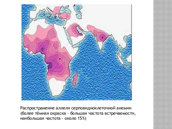 Распространение аллеля серповидноклеточной анемии (более тёмная окраска - большая частота встречаемости, наибольшая частота - около 15%)