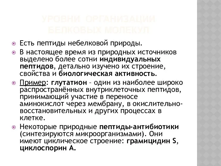 УРОВНИ ОРГАНИЗАЦИИ БЕЛКОВЫХ МОЛЕКУЛ Есть пептиды небелковой природы. В настоящее время