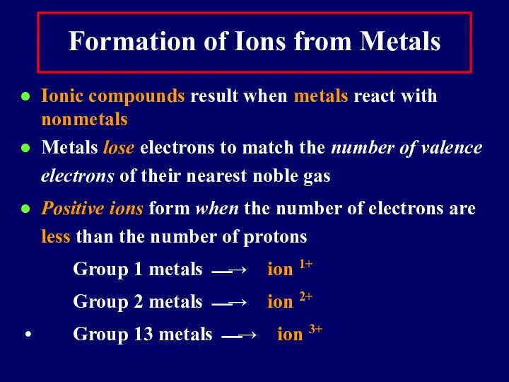 Formation of Ions from Metals Ionic compounds result when metals react