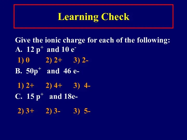 Learning Check Give the ionic charge for each of the following: