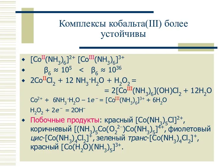 Комплексы кобальта(III) более устойчивы [CoII(NH3)6]2+ [CoIII(NH3)6]3+ β6 ≈ 105 2CoIICl2 +