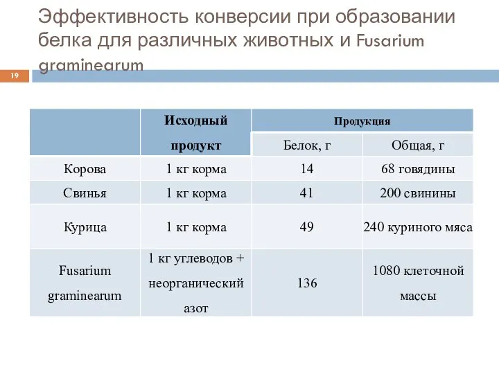 Эффективность конверсии при образовании белка для различных животных и Fusarium graminearum