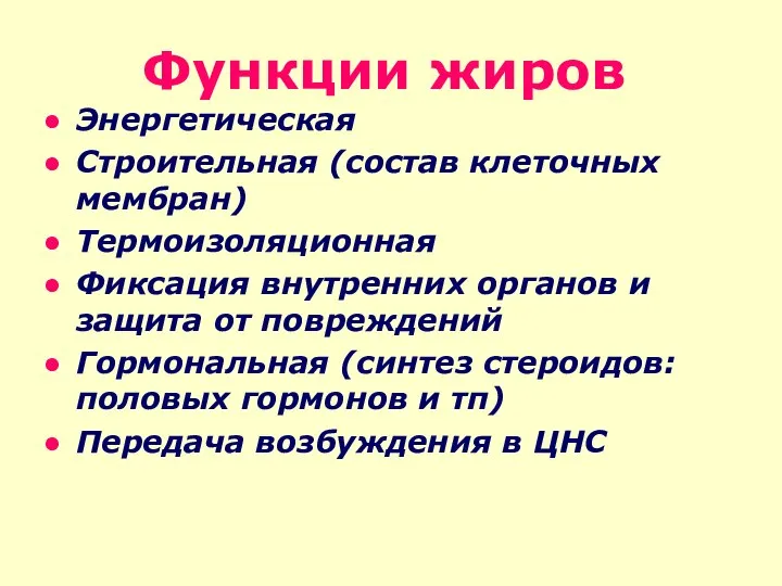 Функции жиров Энергетическая Строительная (состав клеточных мембран) Термоизоляционная Фиксация внутренних органов