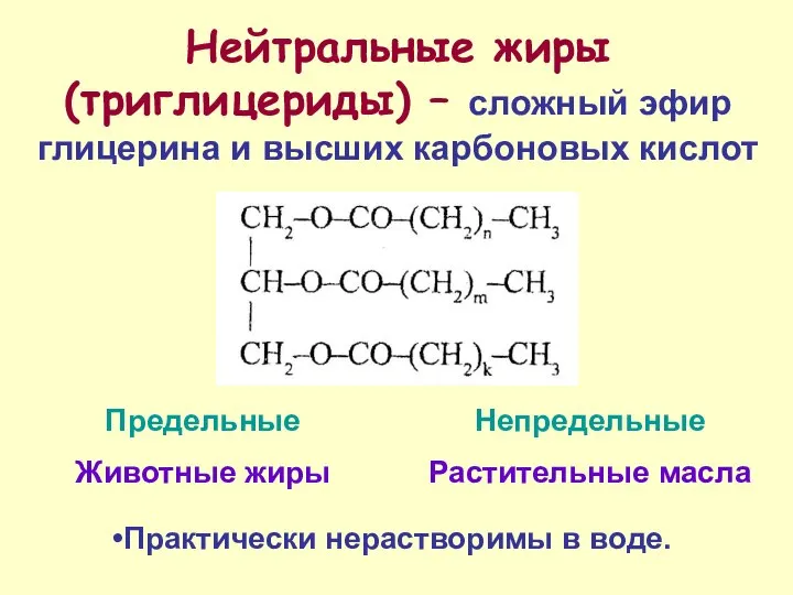 Нейтральные жиры (триглицериды) – сложный эфир глицерина и высших карбоновых кислот