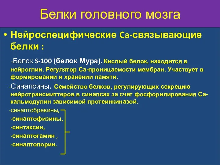 Белки головного мозга Нейроспецифические Ca-связывающие белки : -Белок S-100 (белок Мура).