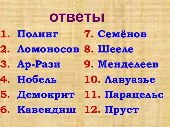 ответы Полинг Ломоносов Ар-Рази Нобель Демокрит Кавендиш 7. Семёнов 8. Шееле