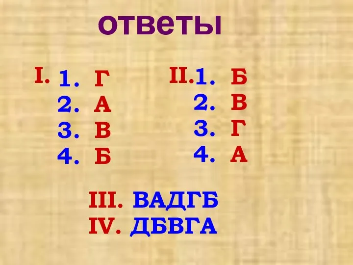 ответы Г А В Б Б В Г А III. ВАДГБ IV. ДБВГА I. II.