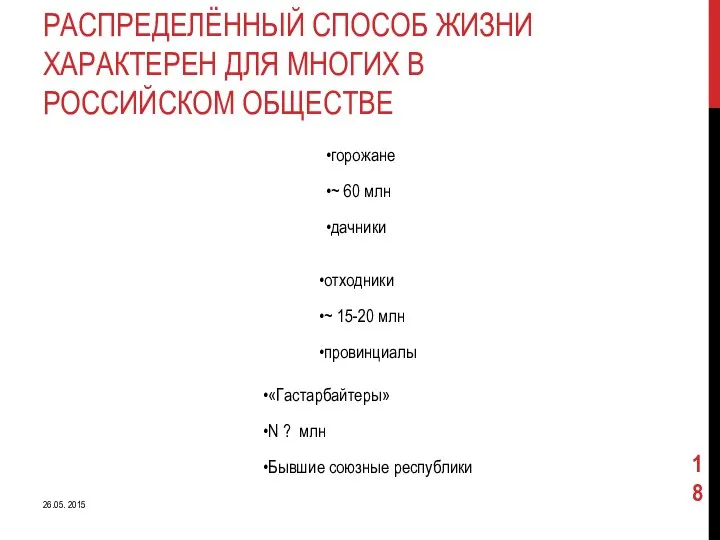 РАСПРЕДЕЛЁННЫЙ СПОСОБ ЖИЗНИ ХАРАКТЕРЕН ДЛЯ МНОГИХ В РОССИЙСКОМ ОБЩЕСТВЕ горожане ~