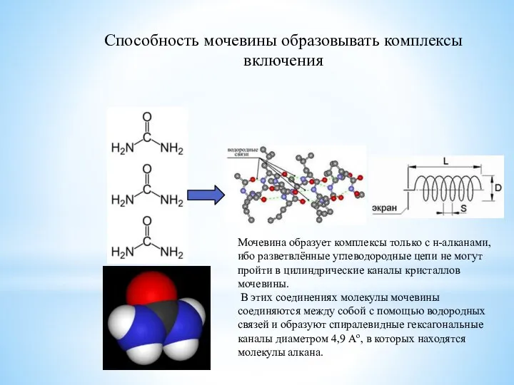 Мочевина образует комплексы только с н-алканами, ибо разветвлённые углеводородные цепи не