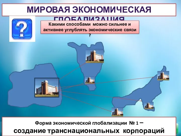 МИРОВАЯ ЭКОНОМИЧЕСКАЯ ГЛОБАЛИЗАЦИЯ Форма экономической глобализации № 1 – создание транснациональных