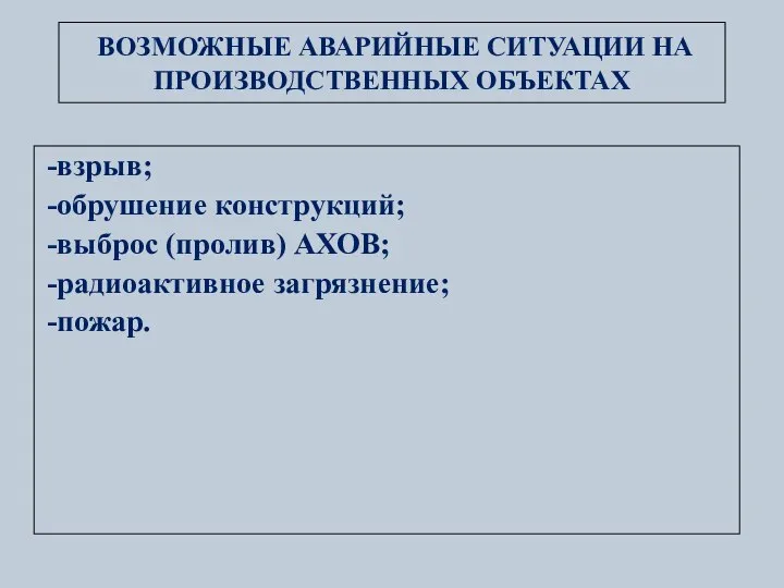 ВОЗМОЖНЫЕ АВАРИЙНЫЕ СИТУАЦИИ НА ПРОИЗВОДСТВЕННЫХ ОБЪЕКТАХ взрыв; обрушение конструкций; выброс (пролив) АХОВ; радиоактивное загрязнение; пожар.