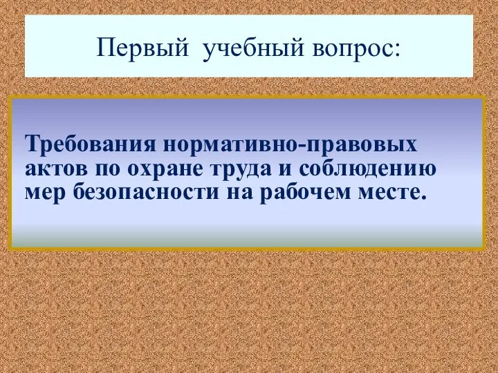 Первый учебный вопрос: Требования нормативно-правовых актов по охране труда и соблюдению мер безопасности на рабочем месте.