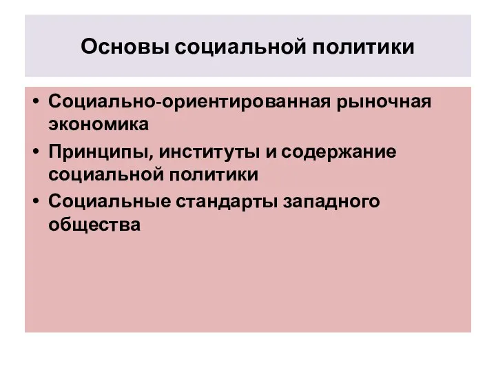 Основы социальной политики Социально-ориентированная рыночная экономика Принципы, институты и содержание социальной политики Социальные стандарты западного общества