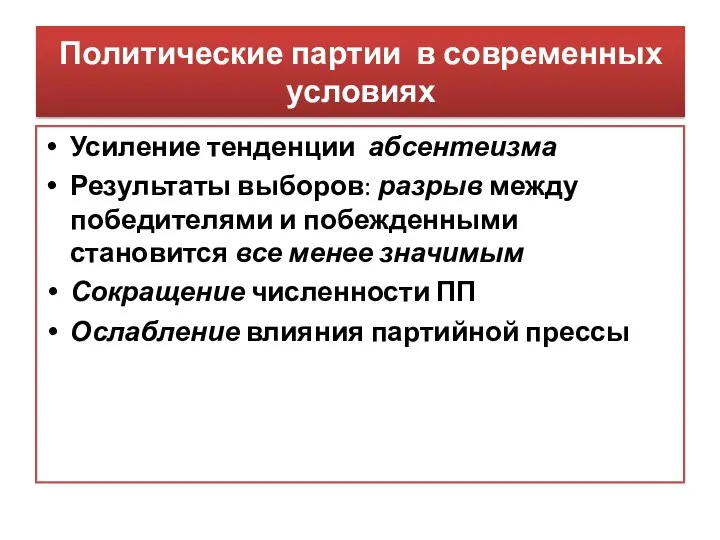 Политические партии в современных условиях Усиление тенденции абсентеизма Результаты выборов: разрыв