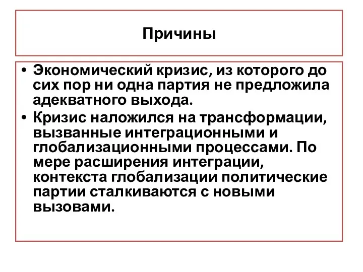 Причины Экономический кризис, из которого до сих пор ни одна партия