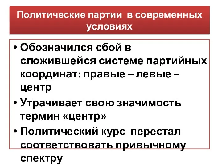 Политические партии в современных условиях Обозначился сбой в сложившейся системе партийных