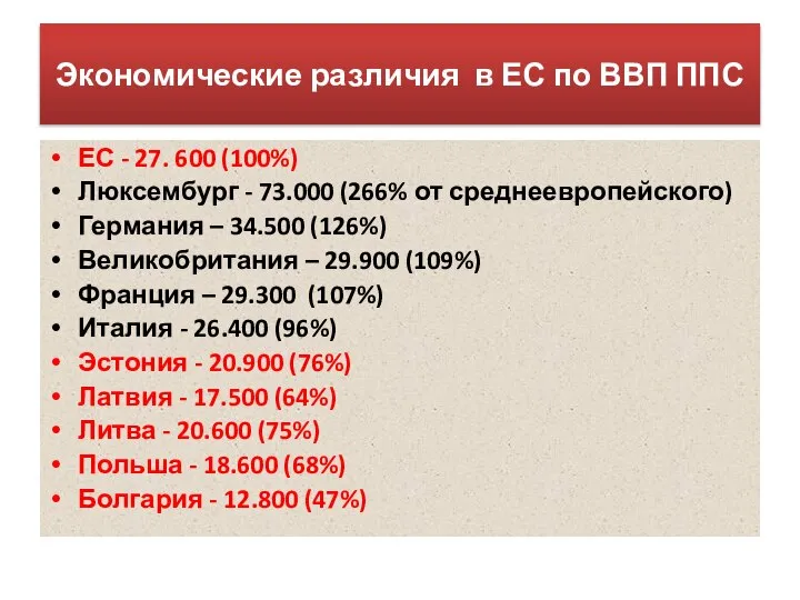 Экономические различия в ЕС по ВВП ППС ЕС - 27. 600