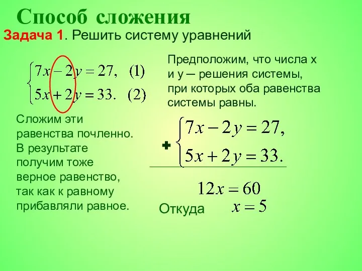 Способ сложения Задача 1. Решить систему уравнений Предположим, что числа x