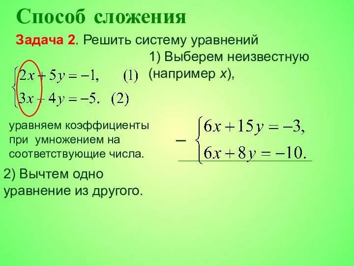 Способ сложения 1) Выберем неизвестную (например x), уравняем коэффициенты при умножением