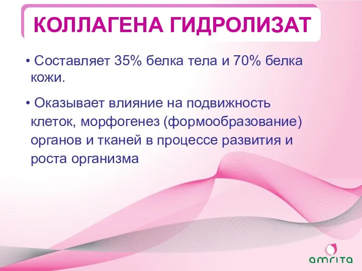 КОЛЛАГЕНА ГИДРОЛИЗАТ Составляет 35% белка тела и 70% белка кожи. Оказывает