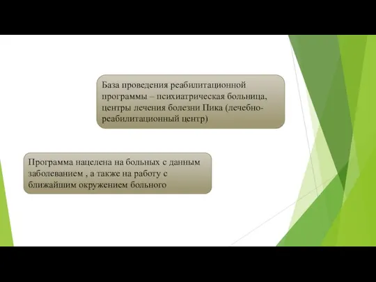 База проведения реабилитационной программы – психиатрическая больница, центры лечения болезни Пика