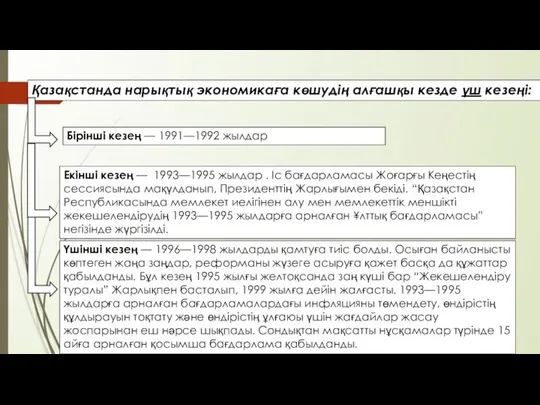 Қазақстанда нарықтық экономикаға көшудің алғашқы кезде үш кезеңі: Бірінші кезең —