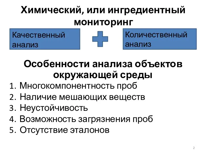 Химический, или ингредиентный мониторинг Качественный анализ Количественный анализ Особенности анализа объектов