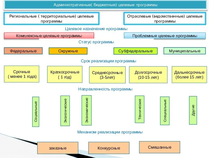 Административные( бюджетные) целевые программы Региональные ( территориальные) целевые программы Отраслевые (ведомственные)