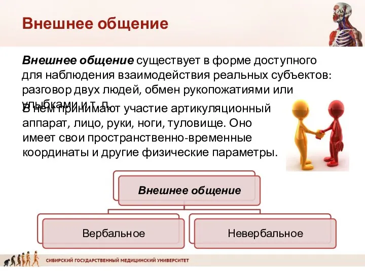 Внешнее общение Внешнее общение существует в форме доступного для наблюдения взаимодействия