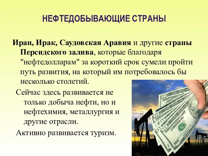 НЕФТЕДОБЫВАЮЩИЕ СТРАНЫ Иран, Ирак, Саудовская Аравия и другие страны Персидского залива,