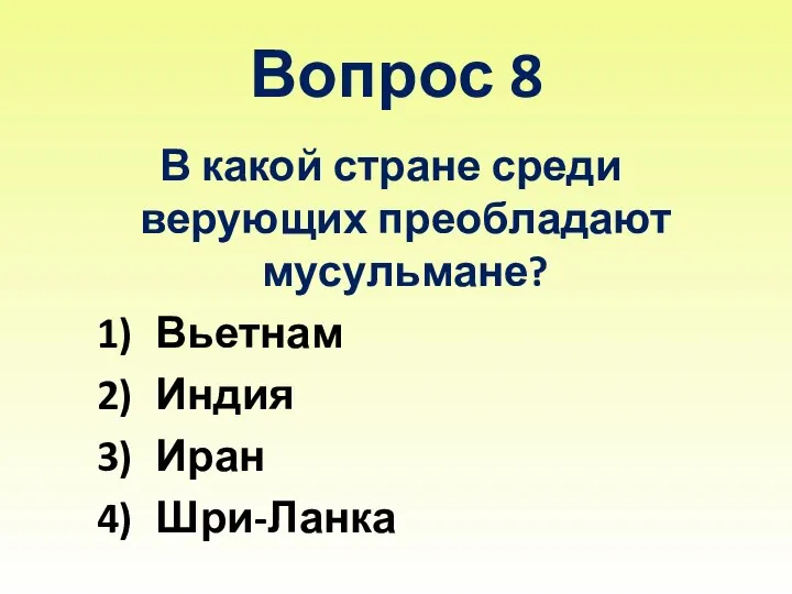 Вопрос 8 В какой стране среди верующих преобладают мусульмане? Вьетнам Индия Иран Шри-Ланка