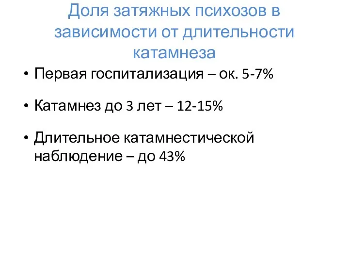 Доля затяжных психозов в зависимости от длительности катамнеза Первая госпитализация –