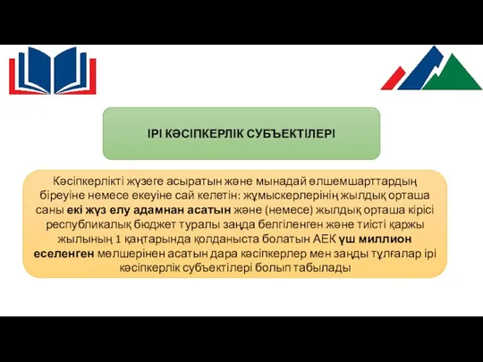 Кәсіпкерлікті жүзеге асыратын және мынадай өлшемшарттардың біреуіне немесе екеуіне сай келетін: