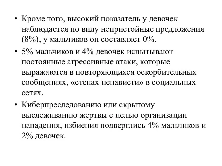 Кроме того, высокий показатель у девочек наблюдается по виду непристойные предложения