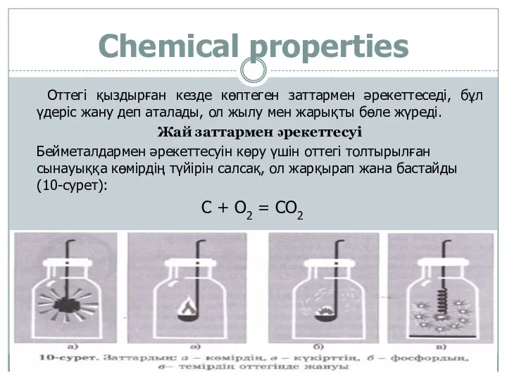 Chemical properties Оттегі қыздырған кезде көптеген заттармен әрекеттеседі, бұл үдеріс жану