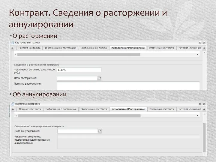 Контракт. Сведения о расторжении и аннулировании О расторжении Об аннулировании