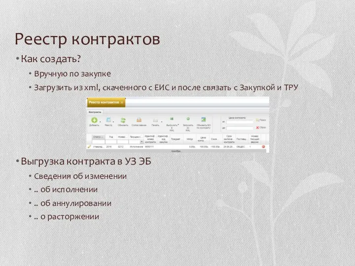 Реестр контрактов Как создать? Вручную по закупке Загрузить из xml, скаченного