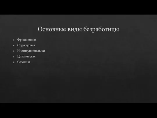 Основные виды безработицы Фрикционная Структурная Институциональная Циклическая Сезонная