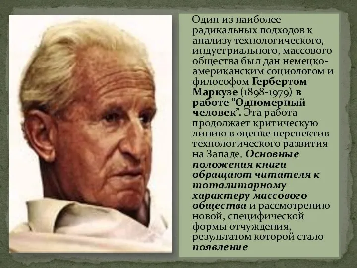 Один из наиболее радикальных подходов к анализу технологического, индустриального, массового общества